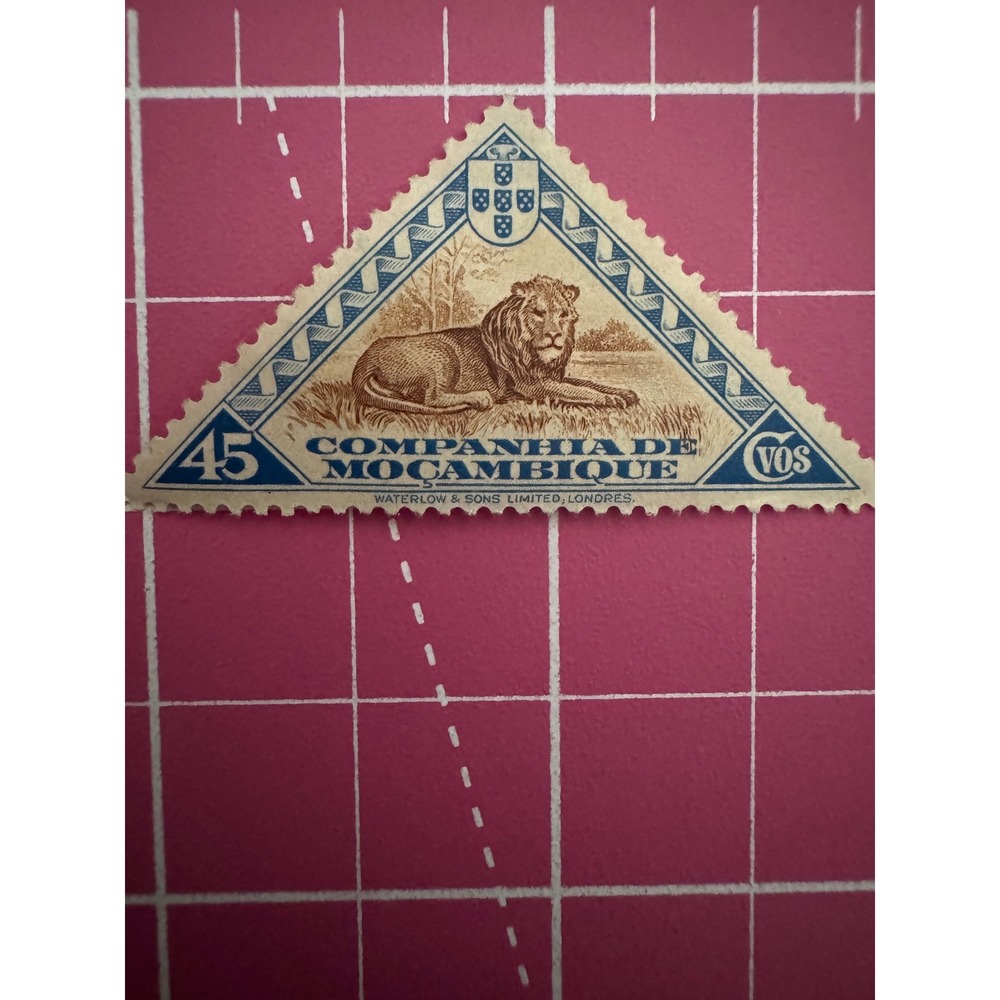 Vintage Companhia de Mocambique 45c Triangular Lion Postage Stamp Blue Sepia